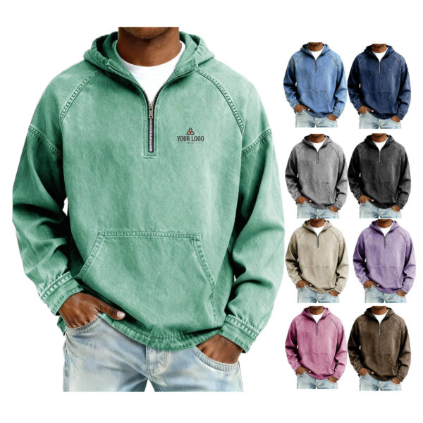 ZPA025 Vintage Washed Men's Relaxed Fit Cotton Quarter-Zip Hoodie