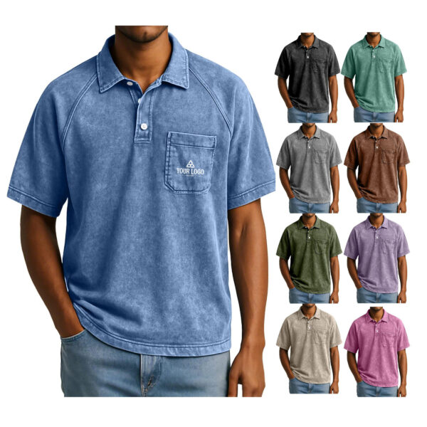 ZPA028 Men's Heavyweight Denim Polo Shirt, Vintage Washed, Multi-Color Options.