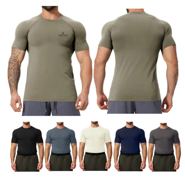 ZPA049 Men's Seamless Workout T-Shirt, Quick Dry Stretch Gym Shirt for Yoga Running Fitness, Muscle Fit