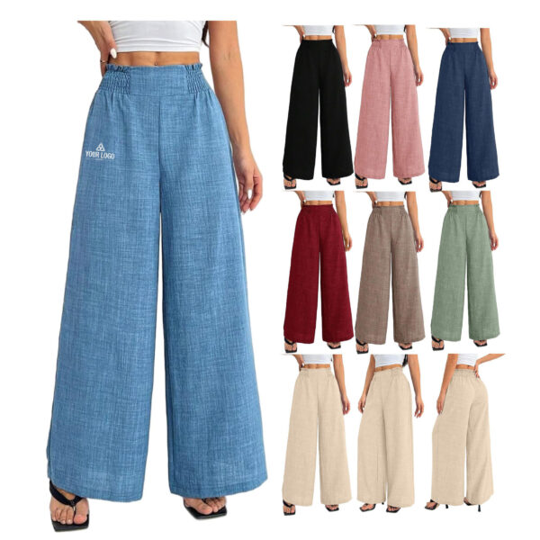 ZPA060 Women's Casual Linen Blend Wide Leg Pants, High Waisted Smocked Elastic Waist Palazzo Trousers