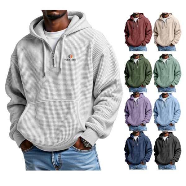 ZPA033 Men's Waffle Knit Quarter-Zip Hooded Pullover Sweatshirt