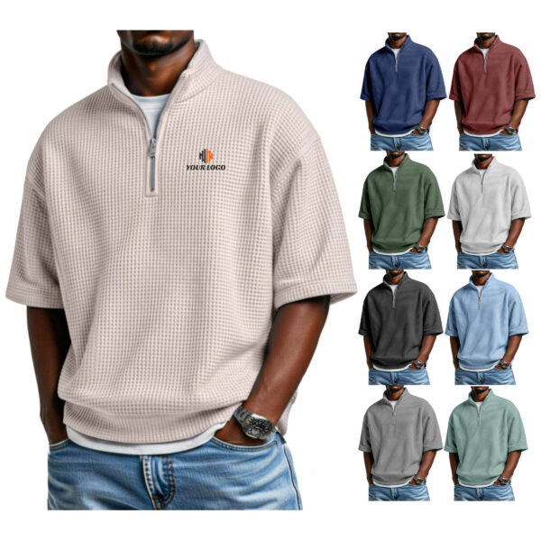 ZPA035 Men's Polyester Waffle Knit Short Sleeve Quarter-Zip Shirt