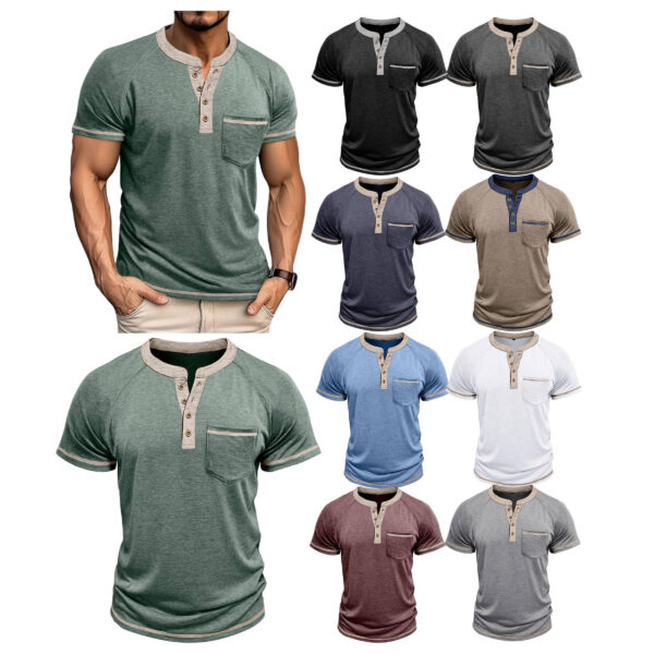 ZPA047 Men's Short Sleeve Henley Shirt Retro Color Block Button Down T-Shirt Casual Slim Fit Summer Top