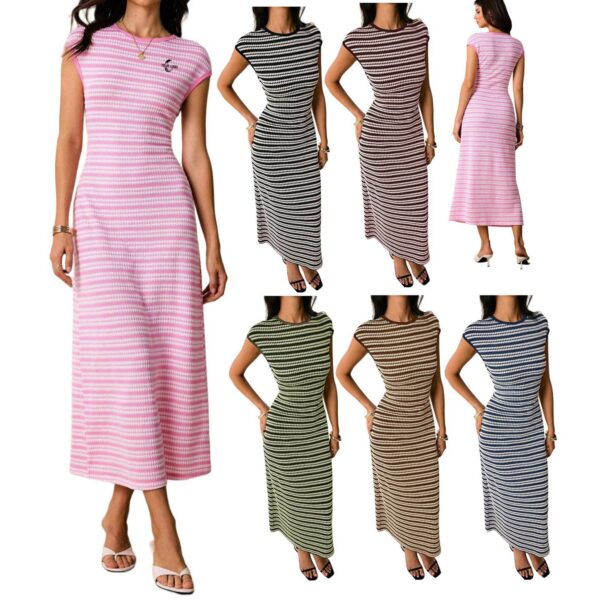ZPA083 Women's Striped Midi Dress Cap Sleeve Crew Neck Casual Summer Bodycon Elegant Ladies Long Dress