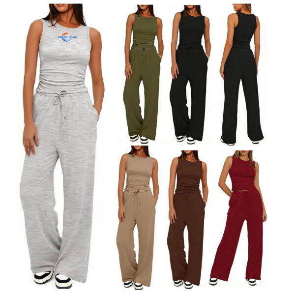 ZPA085 Women Sleeveless Tank Top And High Waisted Wide Leg Pants Loungewear Sets Polyester Casual Tracksuit