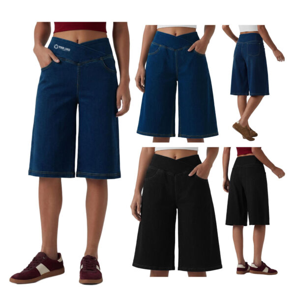 ZPA112 Super Soft 4-Way Stretch Denim Shorts,Loose Fit Wide Leg Mid-Thigh Shorts